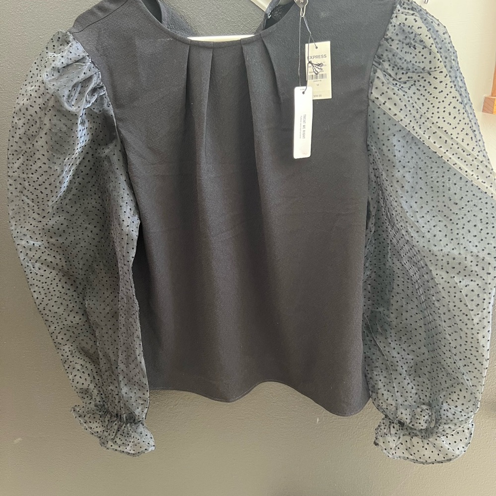 Express Black Top with Sheer Polka Dot Sleeves - Picture 4 of 5